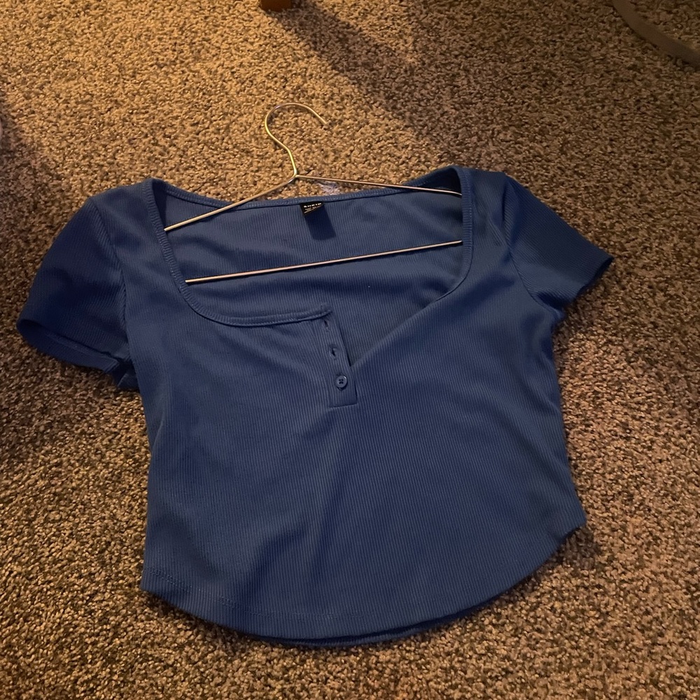 SHEIN Blue Fitted Crop Blouse Short Sleeve